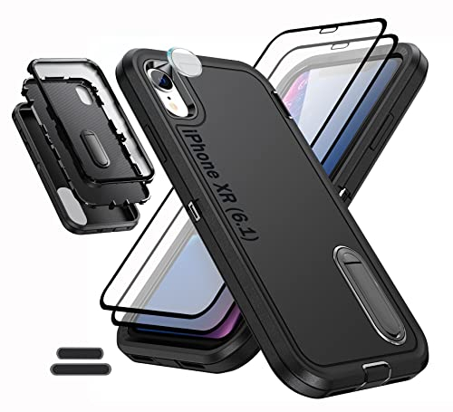 ymxdmd Die Hülle wurde speziell für iPhone Xr/10R 6.1 Zoll entwickelt, vollständiger Schutz, strapazierfähig, stoßdämpfend, integrierter Ständer mit 2 gehärteten Displayschutzfolien, Schwarz