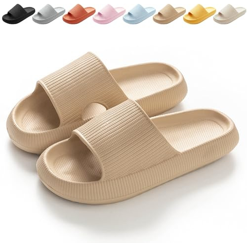 Calish Badeschuhe Herren Damen Cozislides Original Slippers Cloudyzz Schlappen Wolke Rutschfeste Badelatschen Hausschuhe Sommer Pantoletten Badeschlappen Flip Flops Indoor/Outdoor, Khaki, 44-45 EU