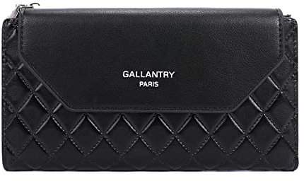 Gallantry Portefeuille Femme Longue Tri-pli - Porte-Carte Monnaie Tout-en-Un - Similicuir Matelassé Carreaux Fermeture Eclaire Magnétique - Fin Léger - Noir Longue
