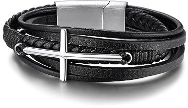 GoldChic Herren Wickelarmband mit Kreuz Anhänger 21cm lang Männer Jungen Lederarmbänder Schwarz Punk Kreuz Lederband Armkette