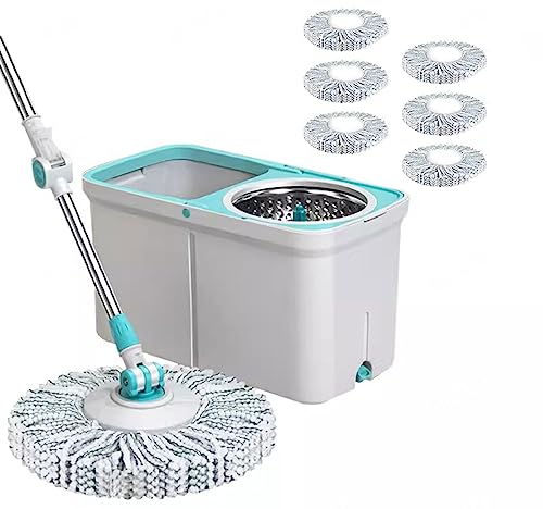AMNOOL Juego de Fregona Giratoria y Cubeta con Escurridor - Uso Húmedo/seco en Madera Dura y Baldosas - Cubo de Fregona Autoescurrido con 7 Cabezales de Fregona Lavables de Microfibra