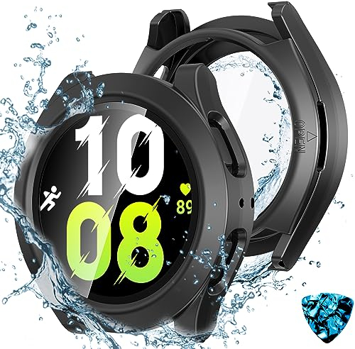 Kamita Wasserdicht Hülle für Samsung Galaxy Watch 4 5 44mm, 2 in 1 Hart PC Schutz Case mit 9H Displayschutz aus Gehärtetem Glas, Rundum Bumper Cover Schutzhülle für Galaxy Watch4 Watch5 (Schwarz)
