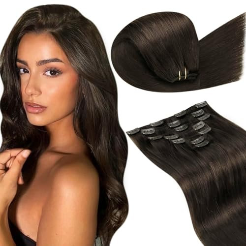 LaaVoo 60cm Clip in Extensions Echthaar Braun Echthaar Clip in Extensions Remy Haar Echthaar Extensions Clips Braun Haarverlängerung Gerade Unsichtbar 120g 7PCS #2