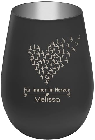 Trauerlicht Gedenklicht mit Gravur - Schwarz/Silber - Windlicht personalisierbar mit Name - Höhe 12 cm - Glas Teelichthalter Mensch Haustier