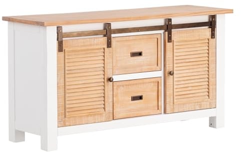 Woodkings Waschtisch Capera | 140x75 cm aus Massivholz Weiß Braun | Landhausstil Badezimmer Schrank | Badschrank Stauraum mit 2 Schiebetüren, 2 Schubkästen