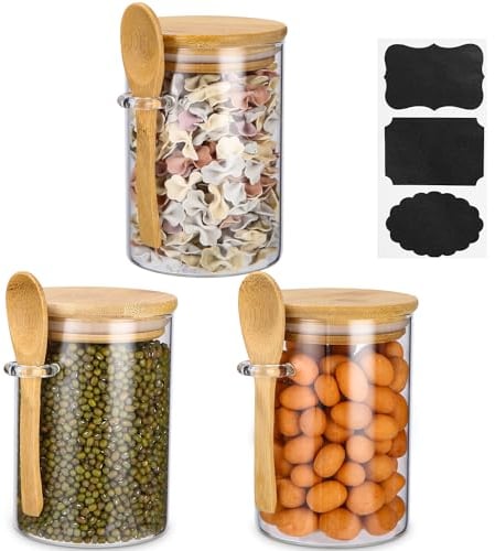 Bocaux en Verre, Pot en Verre avec Couvercle Hermétique et Cuillère, Bocaux Rangement Cuisine,Protection des joints,Bocaux à épices,Boite a Epices Cuisine Rangement pour Herbes Bonbons et Thé(3*540ml)