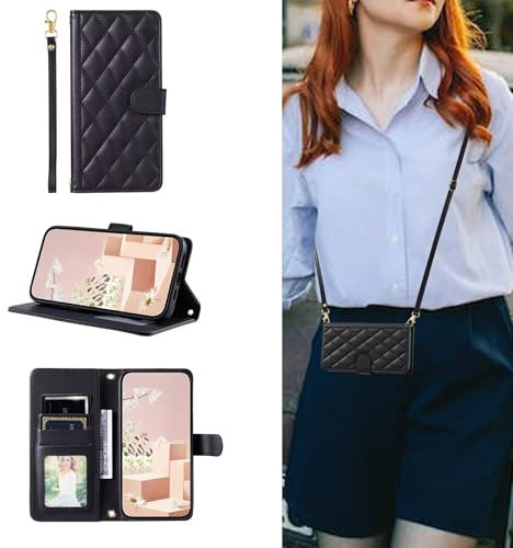 ESONG Portefeuille Coque pour iPhone 13 / iPhone 14 avec Cordon,Etui en Cuir PU Flip Folio Housse,Crossbody Case pour Fille avec Magnétique,béquille,Fentes de Cartes Noir