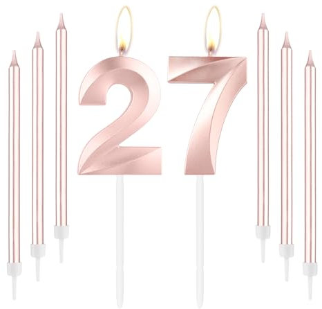 mciskin Rose Gold 27 Birthday Candles-Number 27 Candle for Cake with Long Thin Candles Set, Rose Gold Cake Topper for Girl 27th Birthday Decorations Supplies,27th Wedding Anniversary Decorations