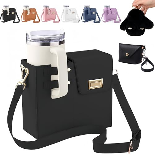 Outdoor Portable Crossbody Water Cup Storage Bag Compatible with Stanley & Most Water Bottles | Includes Coin Purse & Plush Bunny Keychain | Adjustable Crossbody Holder for Travel & Daily Use (Black)