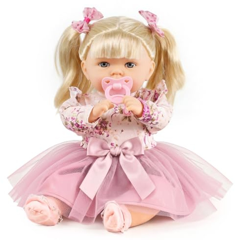Bibi Doll 18 Realistic Baby Doll Girl Rosie in Pink Floral Outfit with Hair, Sounds & Dummy - Cuddly Soft Body with Vinyl Limbs, Talking Feature - Great for Girls & Boys Aged 18 Months+