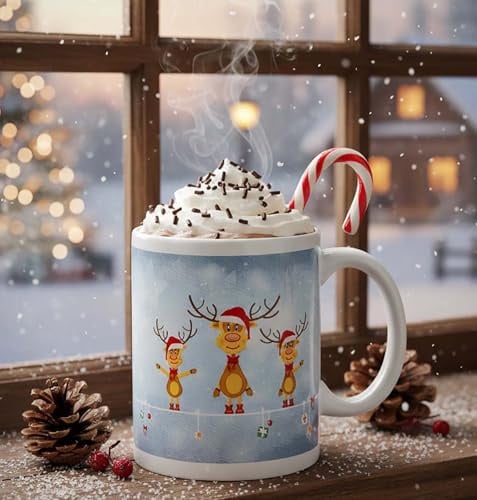 KAMACA Rentier Ole Kaffeebecher Weihnachtstasse Keramik (300 ml) Spülmaschinenfest & Mikrowellengeeignet Geschenkidee für Kollegen Büro Alltag Winter & Weihnachten (Motiv: Drei Rentiere)