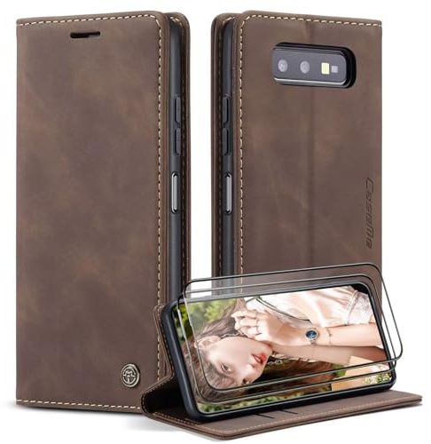 SLWYF Handyhülle für Samsung Galaxy S10e Hülle [Mit 2 Stück Panzer Schutz Glas] [Premium PU Leder] [Kartenfach] Klapphülle kompatibel mit Samsung Galaxy S10e, Kaffee
