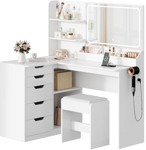TRIUMPHKEY Schminktisch mit Spiegel, Eck Frisiertisch mit LED Beleuchtung Verstellbarer Helligkeit und hocker, Kosmetiktisch mit 5 Schubladen, Steckdose, Haartrocknerhalter (Weiß)