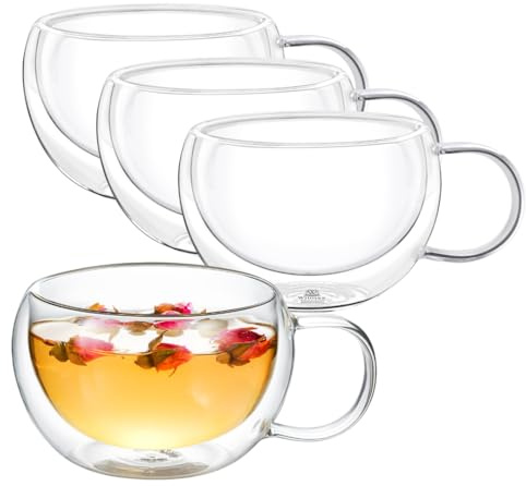 Wilmax - Thermogläser mit Henkel - 4er-Set - 400 ml - Doppelwandige Kaffeegläser - Latte Macchiato Gläser Set - Cappuccino Gläser mit Henkel - Teegläser - Trinkgläser - Thermotasse