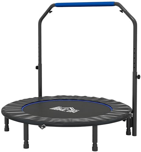 HOMCOM 48 Foldable Mini Trampoline Fitness Trampoline Rebounder for Adults with Adjustable Foam Handle, for Indoors, Outdoors, Cardio Training, Blue