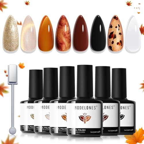 Modelones Gel Nail Polish Set, 6 Colors Autumn Brown Gold Glitter Cat Eye Gel Polish Amber Clear Blooming Nude Jelly Dark Chocolate Black Nail Polish with Magnet & Liner Pen Kit