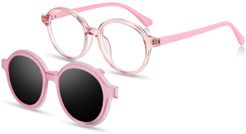 Beipegin Blue Light Glasses for Kids with Clip On Sunglasses Polarised, Round shape Gaming Computer Glasses Outdoor Glasses for Boys Girls