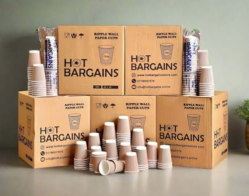 HOT BARGAINS Kraft Paper Coffee Cups 12oz/360ml, Pack of 50, Triple Wall Insulated Hot Drink Cups (50, 12oz)