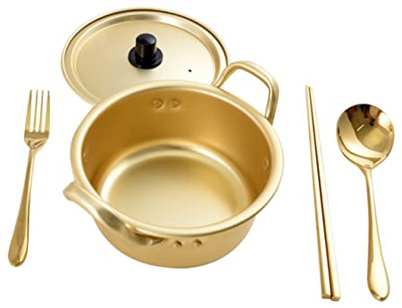Ipetboom Aluminum Ramen Cooker Pot 16cm Korean Household Multi-Function Noodle Pot Gold Chopsticks, Fork and Spoon Set for Camping and Use