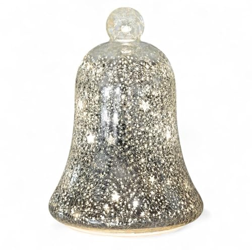LED Deko Glas-Glocke Weihnachten Frosty Sterne 22cm mit Timer & warmweißem Licht - Batteriebetrieben- festliche Herbst Winterdeko Farbglas in Frostoptik mit Stern-Dekor - Weihnachtsbeleuchtung