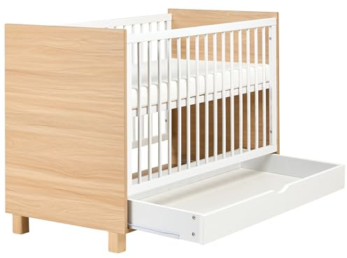 Beliani Minimalistic Baby Cot Bed Nursery 60 x 120 cm Standard Size with Bars Height Adjustable MDF and Pine Wood White Light Brown Gunnar