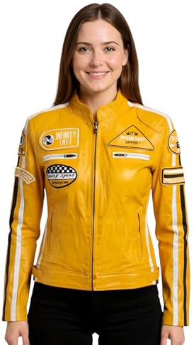 Women’s Leather Biker Jacket – Casual Racing Style with Moto Badges, Nappa Leather & Contrasting Stripes