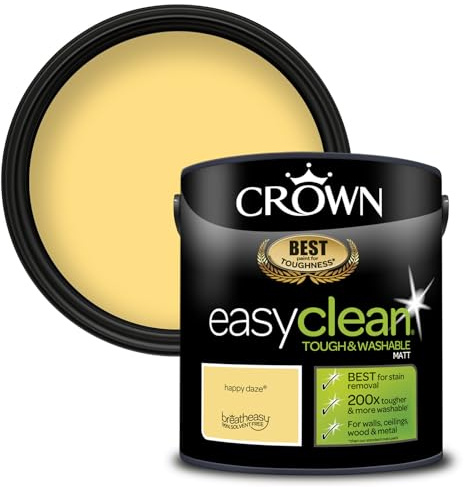 Crown EASYCLEAN Yellow Matt Emulsion Wall Paint - Washable 2.5L | Stain resistant Happy Daze 200x tougher. Wipeable on walls, ceilings, wood & metal. Ideal for hallways & kids' rooms. Low VOC