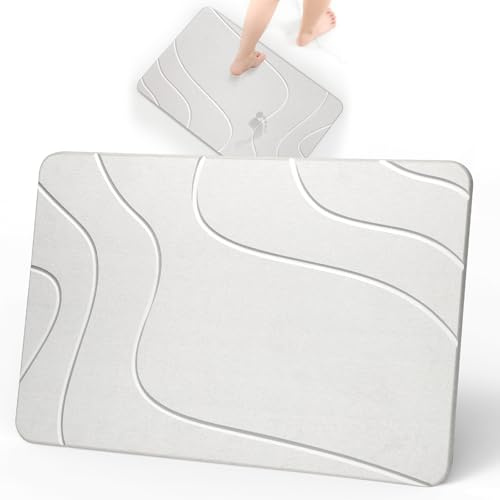 Euqvunn Tappeto Bagno Diatomite 60 x 39 cm, Spessore 10 mm – Tappeto Bagno Assorbente in 30s, Tappetino Doccia Antiscivolo e Facile da Pulire per Bagno Cucina Ingresso Ciotole per Animali – Bianco