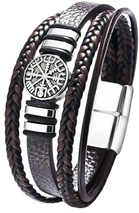 Flongo Wikinger Lederarmband für Herren – Schwarzes Armband aus Edelstahl und geflochtenem PU‑Leder mit nordischem Kompass Symbol und Runen, Schmuck im Viking Stil, Maskulines Geschenk für Männer