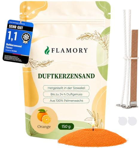 Flamory Kerzensand mit Duft Orange 150g, inkl. 3 Dochte, 24h Brennzeit