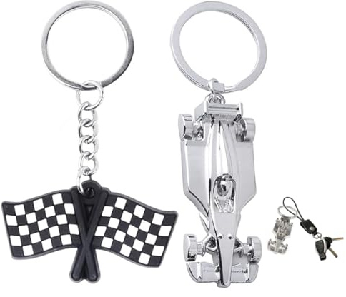 VAEIORP 2 Porte-clés Métalliques, Créatifs et Personnalisés avec Modèle de Voiture de Course et Design Drapeau à Damier (Argent)