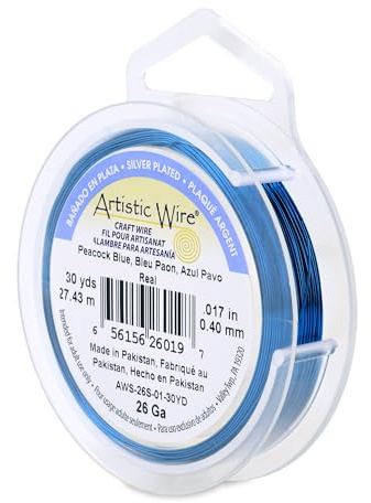 Artistic Wire, 26 Gauge Silver Plated Tarnish Resistant Colored Copper Craft Wire, Peacock Blue, 30 yd