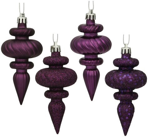 Vickerman 4 4-Finish Finial Ornament, Shatterproof Plastic Christmas Tree Decoration, 8 Pack, Plum Shiny, Matte, Glitter and Sequin Finishes