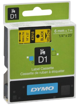DYMO Beschriftungsband D1 43618 / 6 mm / Druck schwarz / Band gelb / für DYMO 1000+, 2000, 5500, LM 100+/150/160/200/210D/220P/260P/280/300/350/350D/360D/400/420P/450/450D/500TS/PC/PC II/PnP/PnP WiFi, LabelWriter 450 DUO, LP 200/250/300/350