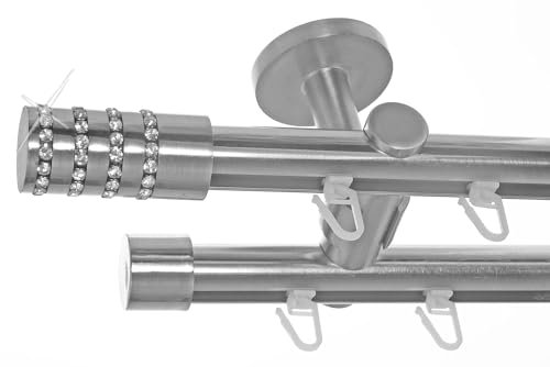 BASIT Innenlauf Gardinenstange 2 läufig Deckenmontage 240 cm lang Edelstahl Look I Vorhangstange mit Schiene 2läufig Ø20mm I 120-600 cm wählbar D40