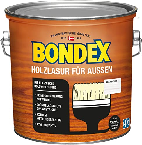 Bondex Holzlasur für Außen Kalkweiß 2,5 L für 32 m² | Hoher Wetter- und UV-Schutz | Natürliches Abwittern - kein Abplatzen | seidenmatt | Holzschutzlasur | Holzlasur