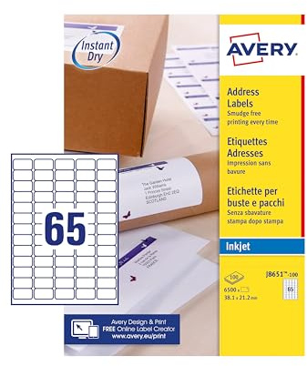 Avery Printable, customisable Mini Organising Return Address Labels, Inkjet Printers, 65 Labels Per A4 Sheet, 6500 labels, QuickDRY (J8651), White