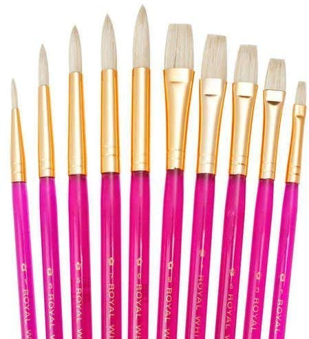 Quality Brush Sets of 10 Artist Paint Brushes Oil Watercolour Sable & Acrylic (SVP5 - White Bristle Rounds & Shaders)