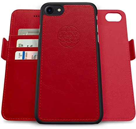 Dreem Fibonacci 2in1 Handyhülle Flipcase für iPhone SE 3 (2022), SE 2, & 8/7 | Magnetisches iPhone Case | TPU Etui Lederhülle Schutzhülle, RFID Schutz, Veganes Kunstleder, Geschenkbox | Rot
