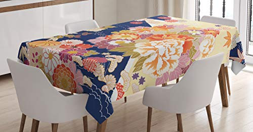 ABAKUHAUS Japan Tischdecke, traditionelle Blumen, Schmutzabweisent mit Modernster Druck Technologie Waschbar Klare Farben, 140 x 240 cm, Dunkelblau Beige