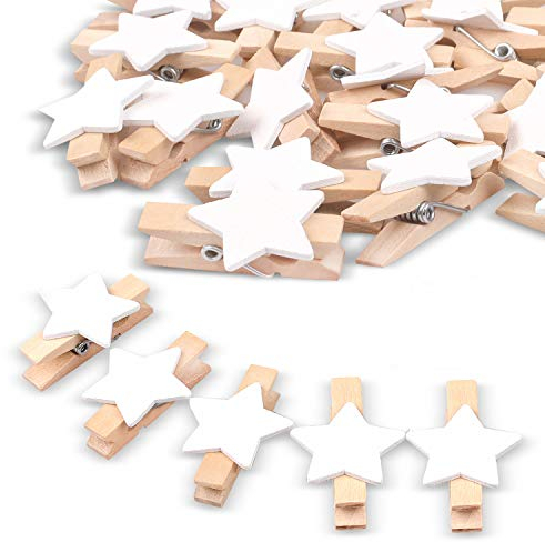 JUYOO Wäscheklammern, 100 Stück, Holzklammern, Dekoklammern, Bastelklammern, für Weihnachten, Party, Dekoration, Hochzeit, Sterne