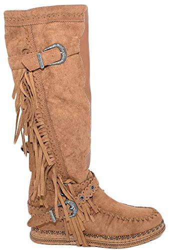 Stivali Donna Indianini Cuoio Scamosciati con Frange Zeppa Interna 5 cm Cinturino Fibbia Altezza Ginocchio Moda Ibiza (36 EU)