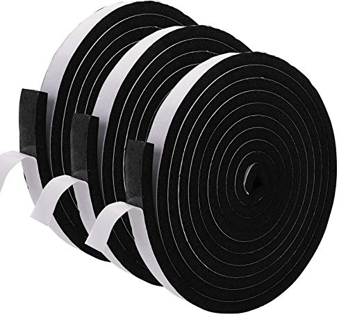 Jucoan Lot de 3 rouleaux de bande d'étanchéité en mousse de caoutchouc auto-adhésive, 12,7 m de long, 2,5 cm de large x 1,27 cm d'épaisseur, bande d'isolation acoustique haute densité pour porte,