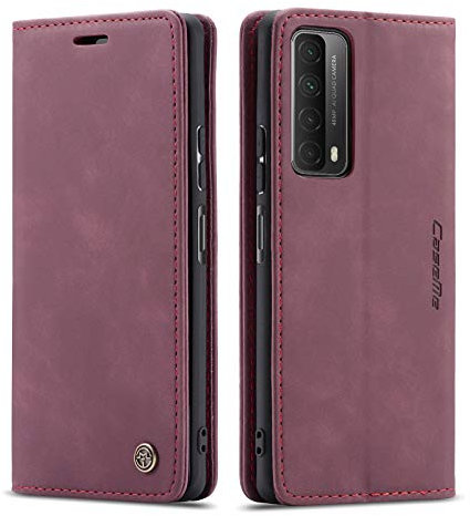 mvced Handyhülle Kompatibel mit Huawei P Smart 2021/ Y7a,Premium Leder Flip Case Schutzhülle mit Standfunktion,Wein rot