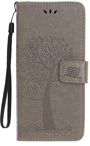 Skhawen for iPhone 11 Case, Flip Shockproof PU Leather Embossed Owl Wallet Magnetic Cover for iPhone 11 with Card Holder Viewing Stand, Grey