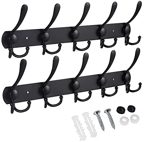 JPGhaha Kleiderhaken Garderobenhaken Edelstahl 15 Haken Hakenleiste Wandgarderobe Max15kg Klassisch Garderobenleiste Matt Schwarz mit Schrauben für Badezimmer Wohnzimmer 2 Stück(41 X 13CM)