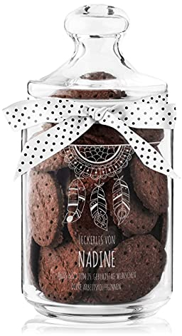 Maverton Keksglas mit Gravur - Glasbehälter mit Deckel - Bonbonglas mit eleganter Schleife - Vorratsglas personalisiert - Geschenk für Naschkatze & Hobbybäckerin Frauen - Traumfänger