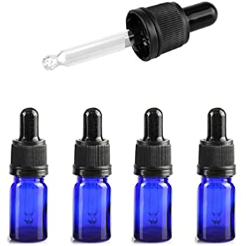 ZEOABSY 4 Pack, 5ml Empty Blue Glass Dropper Bottles with Glass Pipettes, Tamper-evident screw cap for Essential Oil Aromatherapy Blends Cosmetic Elite Fluid Container, 1x funnel