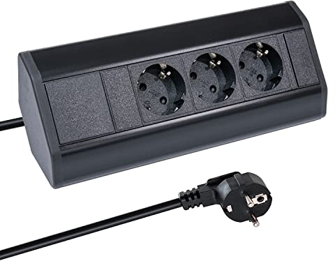 Premium Eck-Steckdose 3x Schuko schwarz für Küche, Büro aus Aluminium. Mehrfachsteckdose mit 1,8m Schuko Kabel auch als Möbelsteckdose. Steckdosenleiste ideal für Arbeitsplatte als Aufbausteckdose.