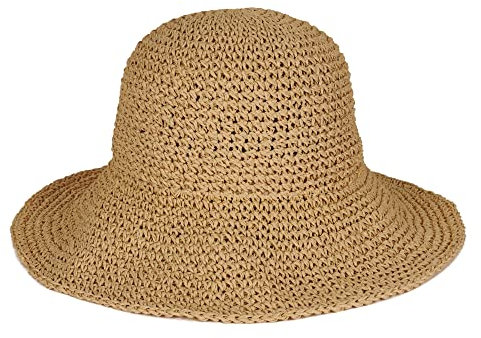 Strohhut für Damen, faltbar, verstaubar, breite Krempe, Sommer-Strandhut, gehäkelt, Fischerhut, Khaki, Einheitsgröße